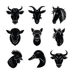 Black and White Vector Illustration of Farm Animal Heads on White Background