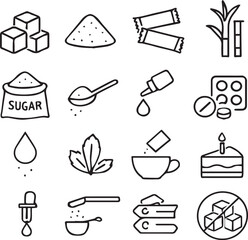 Sugar and Sweetener Icons Set – Sugar Cubes, Powdered Sugar, Sugar Cane, Sweetener Packets, Liquid Sweetener, Pills, Tea, Coffee, Cake, Cooking Ingredients – Vector Illustration