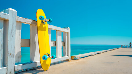 Yellow skateboard leaning on white fence by the sea on sunny day