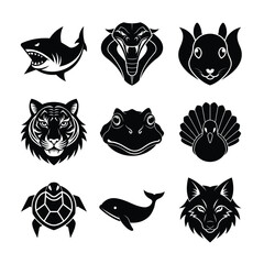 Black and White Animal Icon Set Featuring Shark Cobra Tiger and More