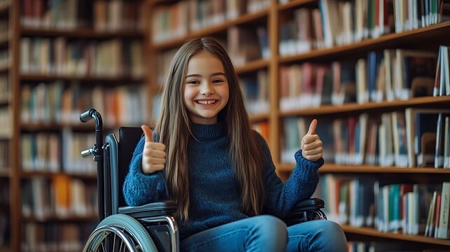 Young Girl in Wheelchair Smiling in a Library