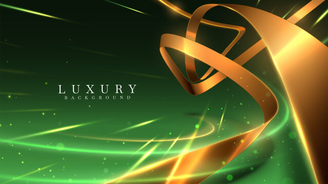 Green luxury background with gold ribbon and neon light effect decoration. design concept for premium product promote or award ceremony stage scene.