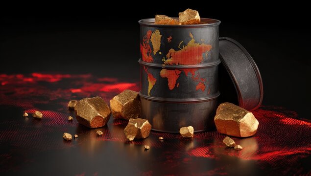 Gold and world map on oil barrel - Powered by Adobe
