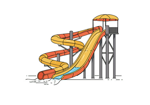A vibrant illustration of a twisty water slide at a water park. Bold colors and a playful design create a thrilling visual. Perfect for summer, fun, and leisure themes.