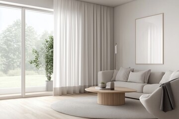 Sala de estar contemporânea com janelas amplas, cortinas translúcidas e decoração escandinava em tons claros, iluminada por luz natural suave, IA generativa