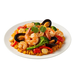 Colorful Seafood Paella Dish with Shrimp Mussels and Rice.