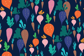 Сute root vegetables pattern background vector design. Colorful bunch of freshly picked summer carrots, radishes, and beets isolated on a dark blue background. Bright botanical print