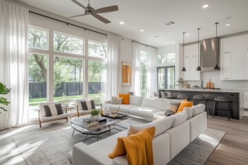 Sala de estar contempor&acirc;nea com janelas amplas, cortinas transl&uacute;cidas e decora&ccedil;&atilde;o escandinava em tons claros, iluminada por luz natural suave, IA generativa