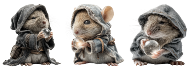 Adorable Mice in Robes Holding Magical Orbs on Transparent Background
