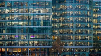 Skyscraper office business building area in Canary Wharf, London, England UK, Time lapse Panning, zooming and up from top view