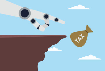 Vector illustration of a robotic hand pushing a tax sack off a mountain peak, symbolizing automation’s role in reducing tax burdens and disrupting traditional financial systems
