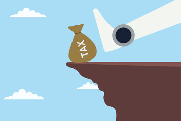 Vector illustration of a robotic foot kicking a tax sack off the top of a mountain, symbolizing AI and automation reducing financial burdens and challenging traditional systems
