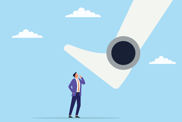 Vector illustration of a robotic foot advancing toward a worried businessman, representing the growing threat of automation and AI disrupting traditional job security
