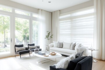 Fototapeta premium Sala de estar contemporânea com janelas amplas, cortinas translúcidas e decoração escandinava em tons claros, iluminada por luz natural suave, IA generativa