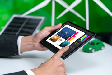 Graphic designer software for modern design of web page and commercial brisk ads showing on the computer screen