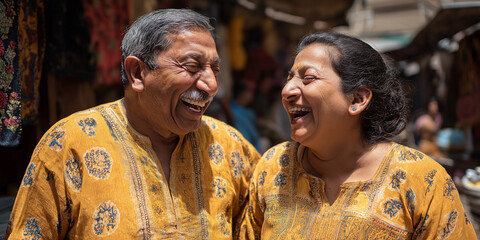 Smiling Elderly Couple in Vibrant Clothing Enjoying a Lively Alley Market