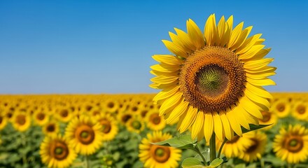 A vibrant sunflower dominates the foreground, facing the viewer against a backdrop of a vast, sunny sunflower field under a clear blue sky.