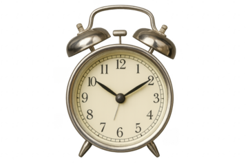 Classic silver alarm clock showing 2,53 on transparent background