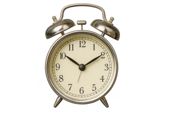Classic silver alarm clock showing 2,53 on transparent background