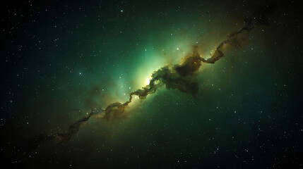Fototapeta premium The image depicts a vibrant green and yellow nebula in deep space, surrounded by stars and ethereal colors, with a realistic space background and detailed texture.