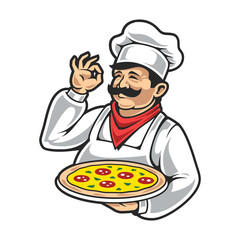 Happy chef character holding a delicious pizza, perfect for restaurant menus, food advertising, and culinary branding needs.