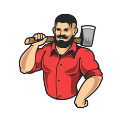 Lumberjack design featuring a strong, bearded man carrying an axe, perfect for forestry, lumber, or outdoors-themed applications.