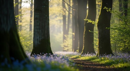 Sunlit path winds through a dense forest, dappled sunlight illuminating bluebells carpeting the ground.