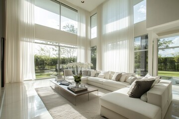 Fototapeta premium Sala de estar contemporânea com janelas amplas, cortinas translúcidas e decoração escandinava em tons claros, iluminada por luz natural suave, IA generativa
