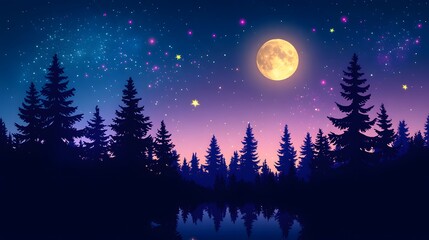 Naklejka premium Magical Night Forest Full Moon Starscape