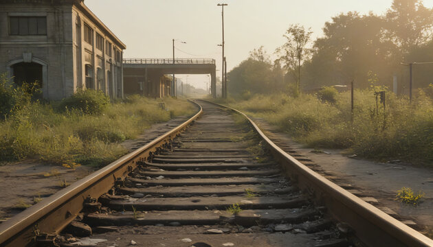 Rural railway tracks at sunrise with overgrown platform and power lines