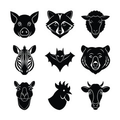 Black and White Animal Head Icons Pig Raccoon Sheep Zebra and More