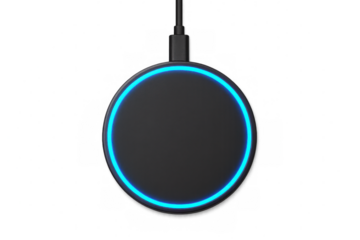 Black wireless charging pad with blue neon light is hanging on a black usb cable on a transparent background