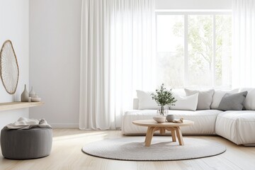 Sala de estar contemporânea com janelas amplas, cortinas translúcidas e decoração escandinava em tons claros, iluminada por luz natural suave, IA generativa