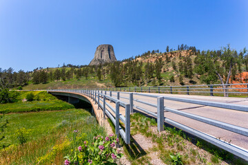 Beautiful view of the Devils Tower from the park road. Wyoming, USA