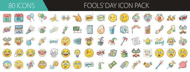 80 Funny April Fools’ Day Icons for Pranks - Collection of 80 playful vector icons themed around April Fools’ Day, featuring jokes, emojis, tricks, laughter, and silly props.