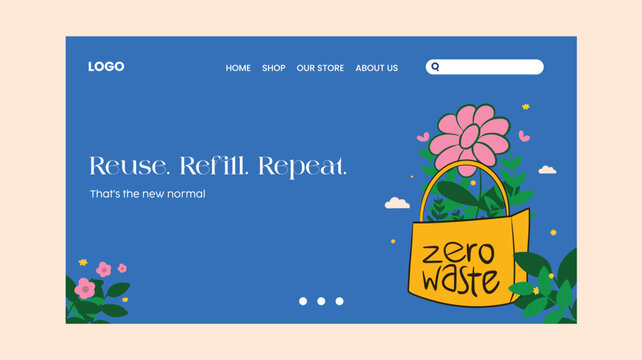 Eco-friendly landing page template with a reusable bag and floral design. Great for websites promoting zero waste, sustainability, plastic-free living, and conscious consumer habits.