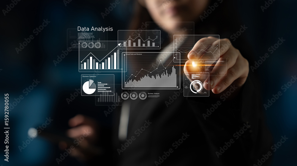 Poster business data analysis dashboard showing charts, statistics, and performance metrics for decision-ma