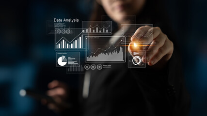 Business data analysis dashboard showing charts, statistics, and performance metrics for...