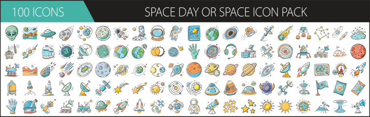 100 Colorful Space Day Icons for Science Projects - Set of 100 vibrant vector icons celebrating Space Day, featuring rockets, planets, astronauts, satellites, telescopes, and space exploration themes. © SulaimanIslam