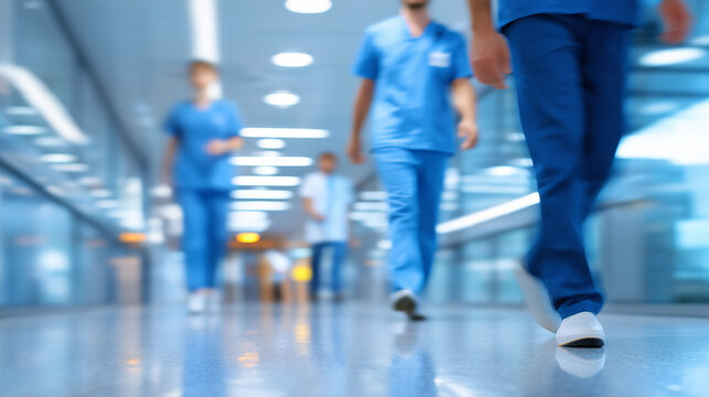 Busy Hospital Corridor with Doctors and Nurses in Action
