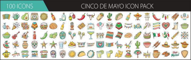 100 Festive Cinco de Mayo Vector Icons - Vibrant collection of 100 Cinco de Mayo icons including food, drinks, sombreros, maracas, and Mexican cultural elements for design use.