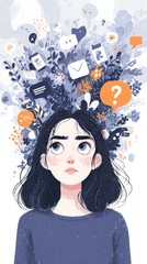 Illustration of a thoughtful girl with dark hair, surrounded by floating icons and floral elements symbolizing information overload, social media, and mental clutter