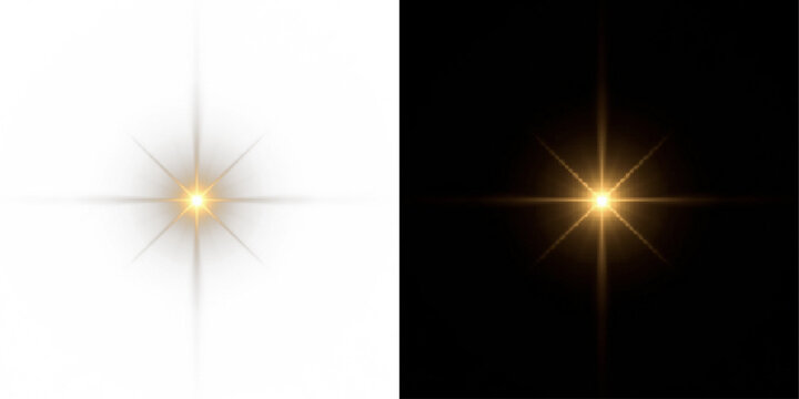 Two glowing stars with glitter and glare, one on a white and one on a black background. Starburst, highlights, special effects and magical, celestial designs. isolated effect for overlays PNG