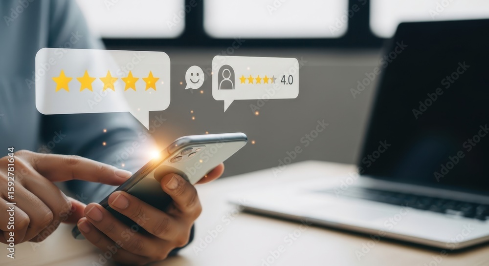Poster photo of a person is using a smartphone to leave a positive customer review with a fivestar rating a