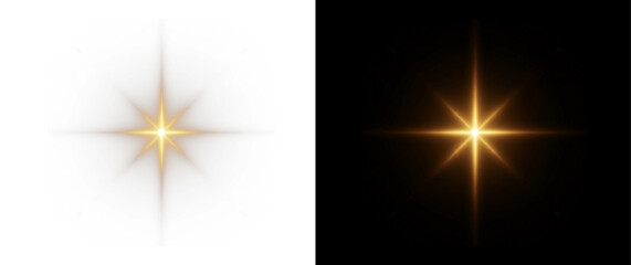 golden star light on black background. PNG, Cinematic, Glow Star light sparkle glow. Vector glow effect. Abstract lens glare. Flashing lights. Transparent PNG.  © Russell Edwards