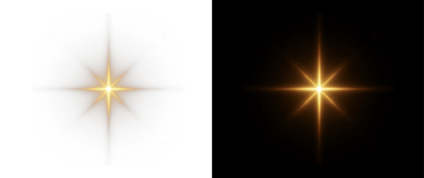 golden star light on black background. PNG, Cinematic, Glow Star light sparkle glow. Vector glow effect. Abstract lens glare. Flashing lights. Transparent PNG.	