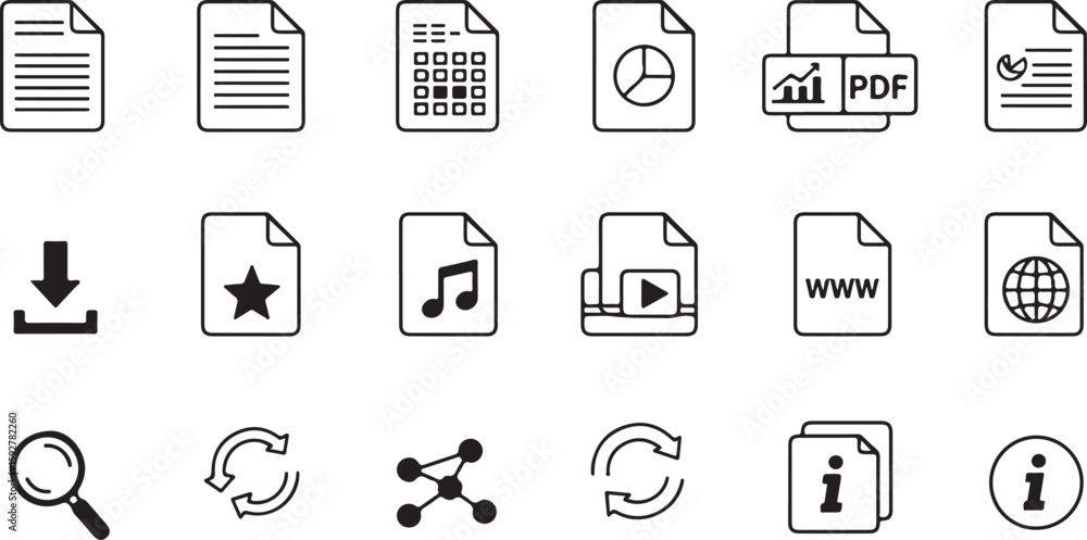 Fototapete document and data icons with black outlines on white background