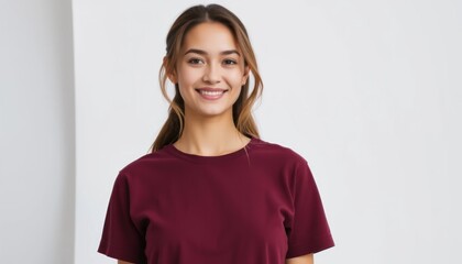 Portrait of a young woman smiling warmly in a casual maroon t-shirt indoors
