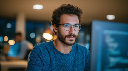 Focused software developer coding in modern office space