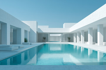 Minimalist Open Courtyard Pool with Colonnade and Framed Outdoor View